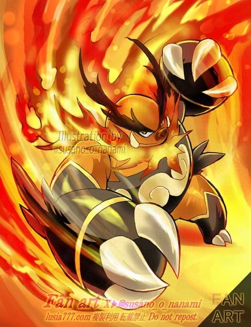 腕を振りかぶるポケモンのEmboarのイラスト。/ An illustration of the Pokémon Emboar swinging its arm back.