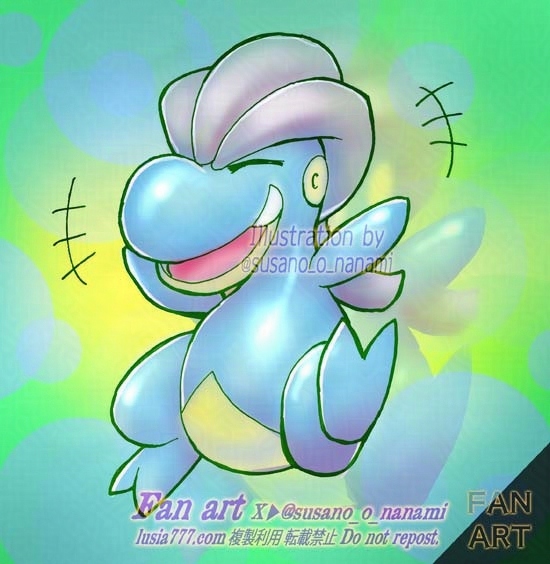 笑顔で喜ぶポケモンのタツベイのイラスト。 / An illustration of Bagon, a Pokémon, smiling happily.