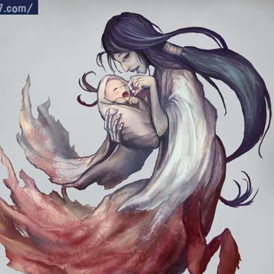 赤子に飴を与える 産女の幽霊 日本のモンスターイラスト 七海ルシアのモンスターイラスト格納庫