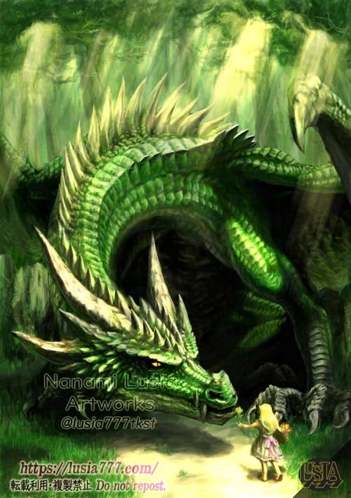 巨大な緑のドラゴンにお花を見せる小さな女の子のイラスト。 / An illustration of a little girl showing flowers to a giant green dragon.