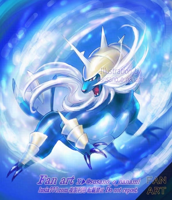 水タイプのポケモン、ダイケンキのイラスト。 / An illustration of Samurott, a Pokémon that harnesses the power of water.