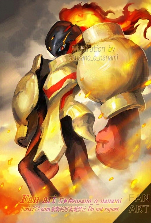 第九世代のポケモン、グレンアルマの立ち姿のイラスト。 / Armarouge standing pose. Facing left. Eyes looking this way.
