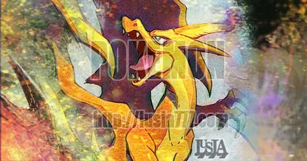 ポケモンのメガリザードンYを描いたファンアートを紹介する記事。アイキャッチ画像。/ An article showcasing fan art of Pokémon’s Mega Charizard Y. Featured image.