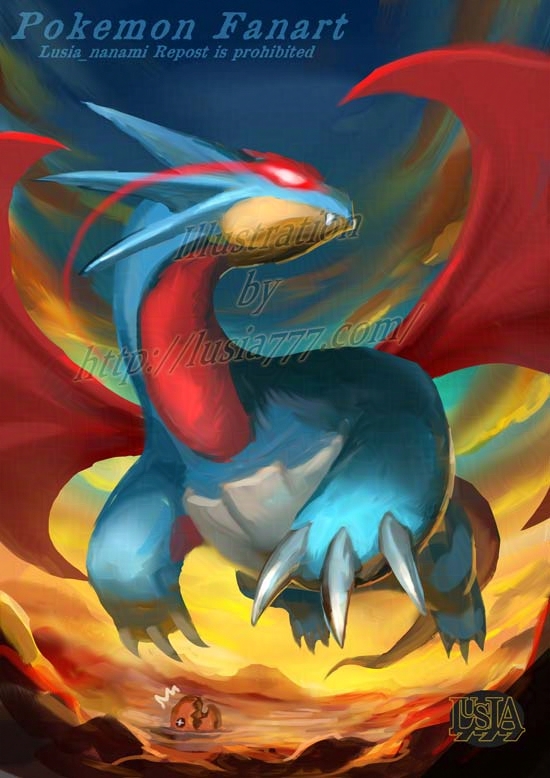 ボーマンダのイラスト。ポケモンレジェンズZAには、オヤブンボーマンダが登場し、体が大きく、目を赤く光らせているのが特徴。