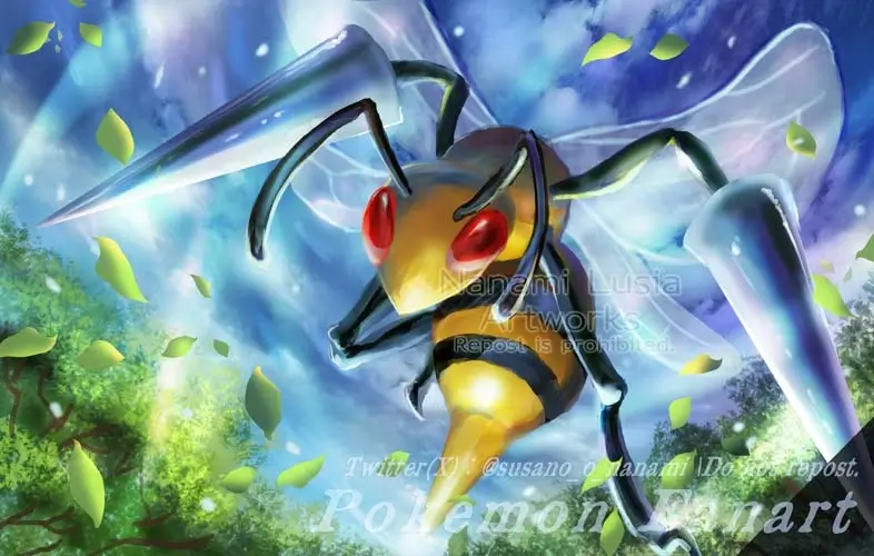 空を飛ぶスピアーのイラストTOP/ Fan art of Beedrill flying through the sky.