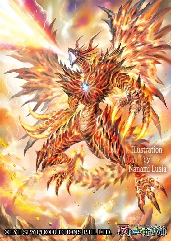 超高温の熱線を吐くアトミックドラゴンのカードイラスト。/ An illustration of an Atomic Dragon breathing super-high-temperature breath.