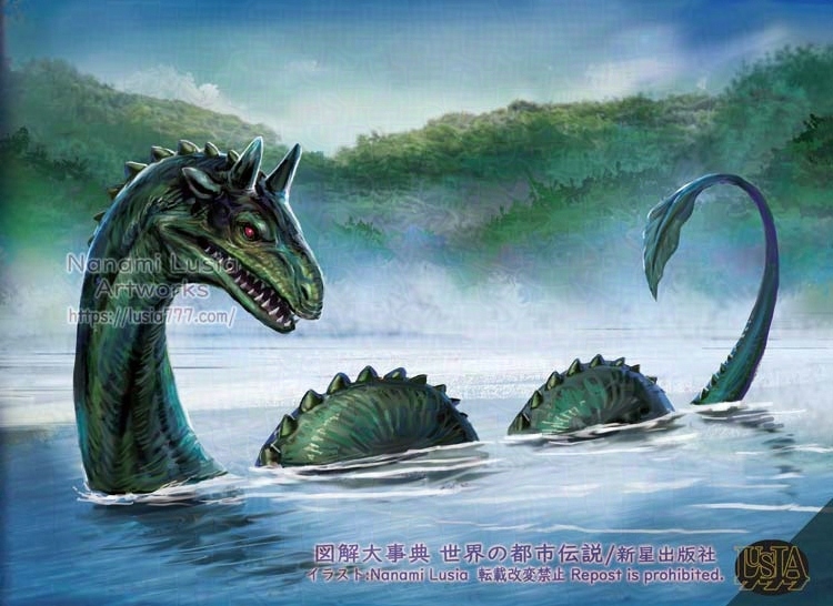 オゴポゴとは、カナダの湖に登場した未確認生物・UMAの1種。長い体に、2本のツノを生やした馬のような顔をしている。 / An illustration of Ogopogo, an unidentified creature with a long serpentine body.