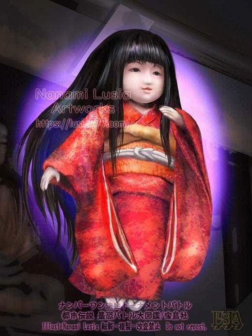 日本の都市伝説の1つ。髪が伸びる人形のイラスト。通称、お菊人形。 / One of Japan's urban legends. An illustration of a doll whose hair grows.