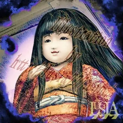 お菊人形とは、日本の都市伝説の１つであり、髪が伸びることで有名である。/ One of Japan's urban legends. An illustration of a doll whose hair grows.