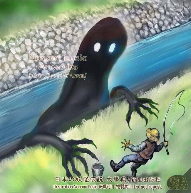 置いてけ堀は、本所七不思議の1つ。釣り人の目の前に堀から黒い影が出現したシーンを描いたイラストです。 / One of Japan's urban legends. Oitekebori. A black shadow emerges from the moat and may attack anglers.