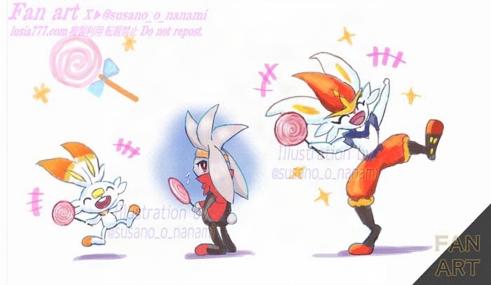 キャンディを手に持ったヒバニー＆ラビフット＆エースバーンのイラスト。 / 14 March 2026 was the Community Day for Scorbunny, Raboot and Cinderace.