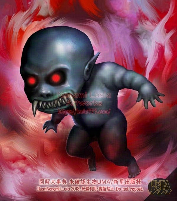 トヨールとは、マレーシアなどに出現する未確認生物。不気味で小さな体を表したトヨールのイラスト。/ An illustration of the Toyol, a mythical creature from Malaysia that is also a vampire.