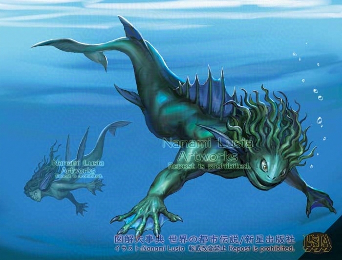 ドイツの精霊、ヴァッサーガイスター（Wassergeist）のイラスト。人間を水中に引き込むため魔物や妖怪の要素も強い。