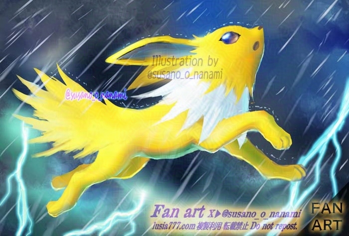 初代ポケモンに登場するサンダースのイラスト。イーブイにかみなりの石を使うと進化する。 / An illustration of Jolteon from the first generation of Pokémon. It evolves when an Eevee is struck by a Thunder Stone.
