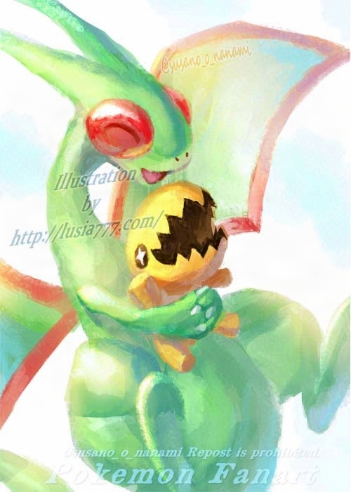 ナックラーを抱っこするフライゴンのイラスト。ポケモンファンアート。/ An illustration of Flygon holding Trapinch. Pokémon fan art.