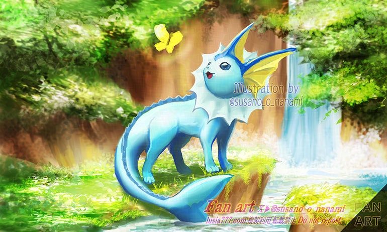 水辺に立つシャワーズのイラスト・ファンアート。/ An illustration/fan art of Vaporeon standing by the water’s edge.